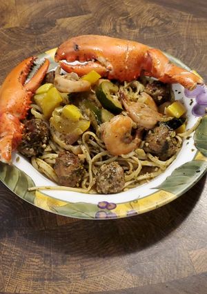 A picture of Brad's surf and turf pesto fettuccine.