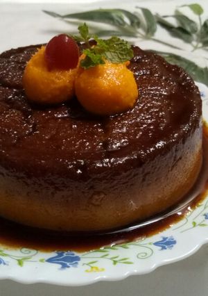 A picture of Eggless mango bread custard pudding.