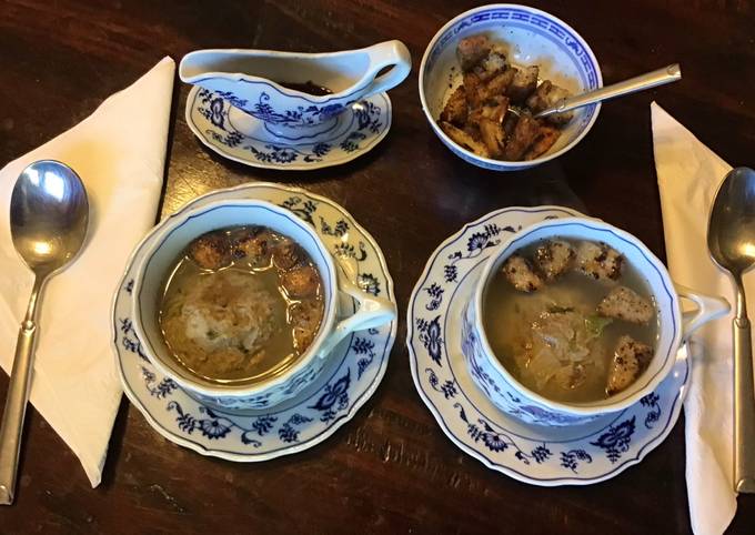 California Farm Chicken Liver Dumpling Soup with Croutons