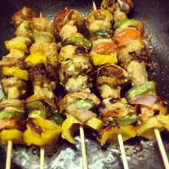 A picture of Mushrooms and Vegetables on Skewers.