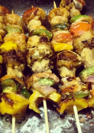 A picture of Mushrooms and Vegetables on Skewers.