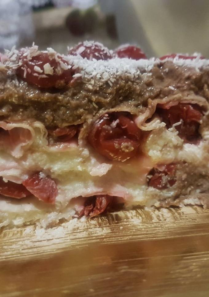 Тортик з лаваша з вишнями та творожним кремом😋