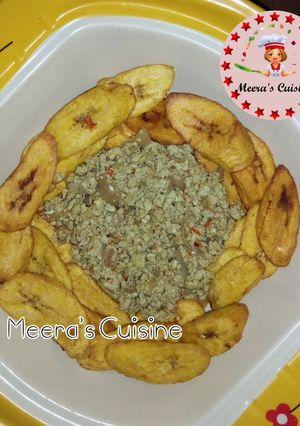 A picture of Fried Plantains and Egg Sauces.