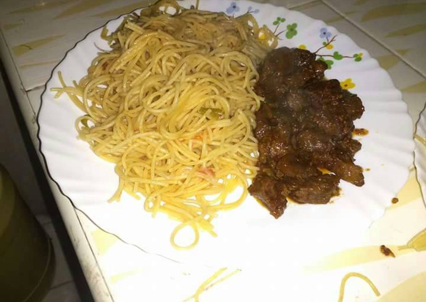 Fried liver and spaghetti