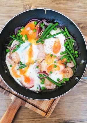 A picture of Messy Eggs, Shrimp Breakfast.
