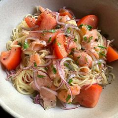 Cold Angel Hair Pasta (Capellini) with Smoked Salmon & Tomato A picture of Cold Angel Hair Pasta (Capellini) with Smoked Salmon & Tomato.