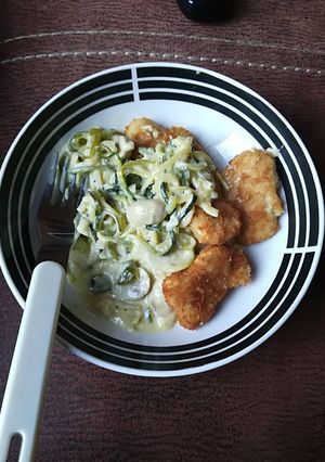 A picture of Creamy mushroom zucchini and Nuggets.