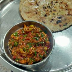 A picture of Baingan Bharta with Bajri Rotla for dinner Thali.