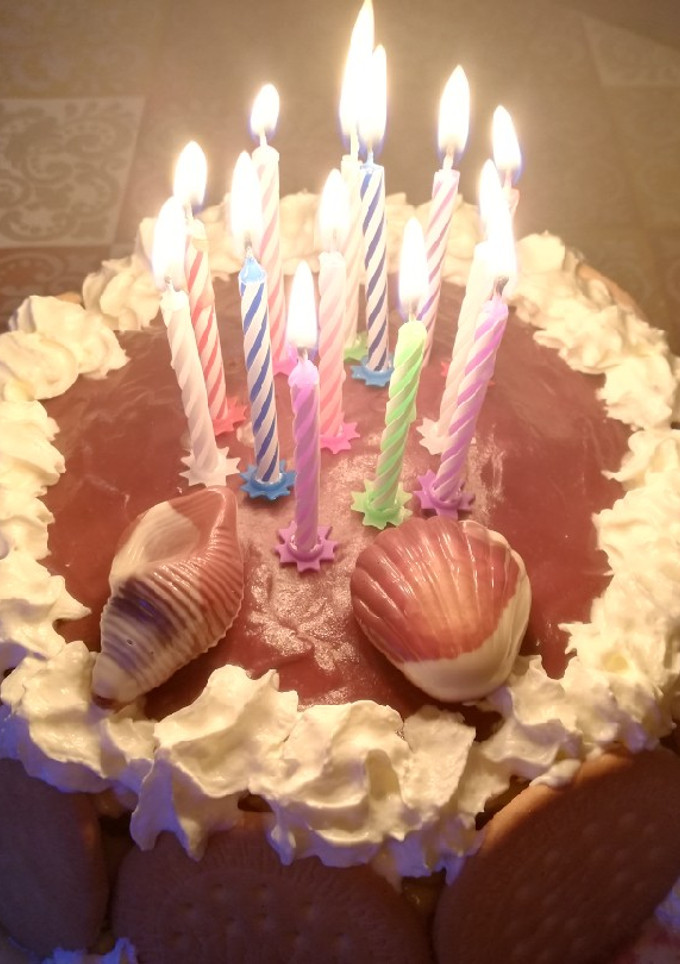 Una foto de Tarta de cumpleaños de flan, chocolate y galletas 🎂