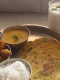 Mini thali - arvi sabji,dal fry, methi thepla,rice & buttermilk