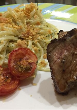 Una foto de Espagueti al Eneldo&Cherry Con Solomo al Grill #lacocinadegiri