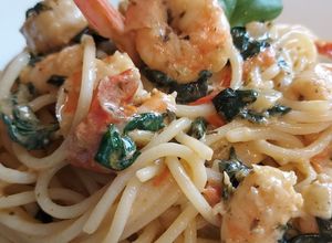 Une photo de Pasta Scampi e spinaci alla Vapiano (pâtes crevettes épinards)