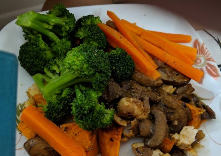 Easiest Way to Make Homemade Steamed carrots broccoli over baked chicken in mushroom sauce