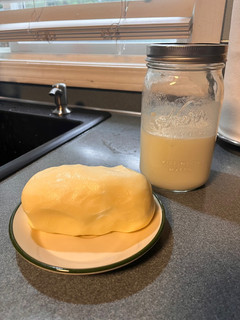 A picture of Homemade butter and buttermilk.