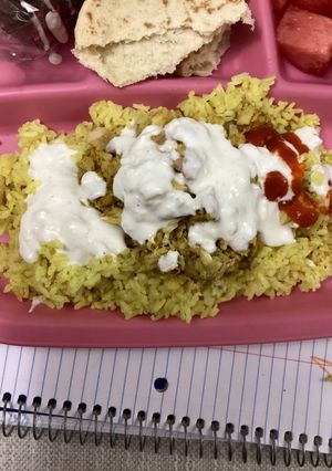 A picture of Halal guys style tuna and rice with white sauce (made in the microwave)!.