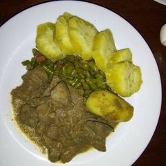 Chicken liver, stir fried French beans and boiled sweet potatoes A picture of Chicken liver, stir fried French beans and boiled sweet potatoes.
