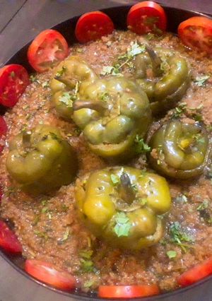 A picture of Mince stuffed capsicum.