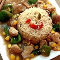 A picture of Chicken corn -chilli with veg fried rice.