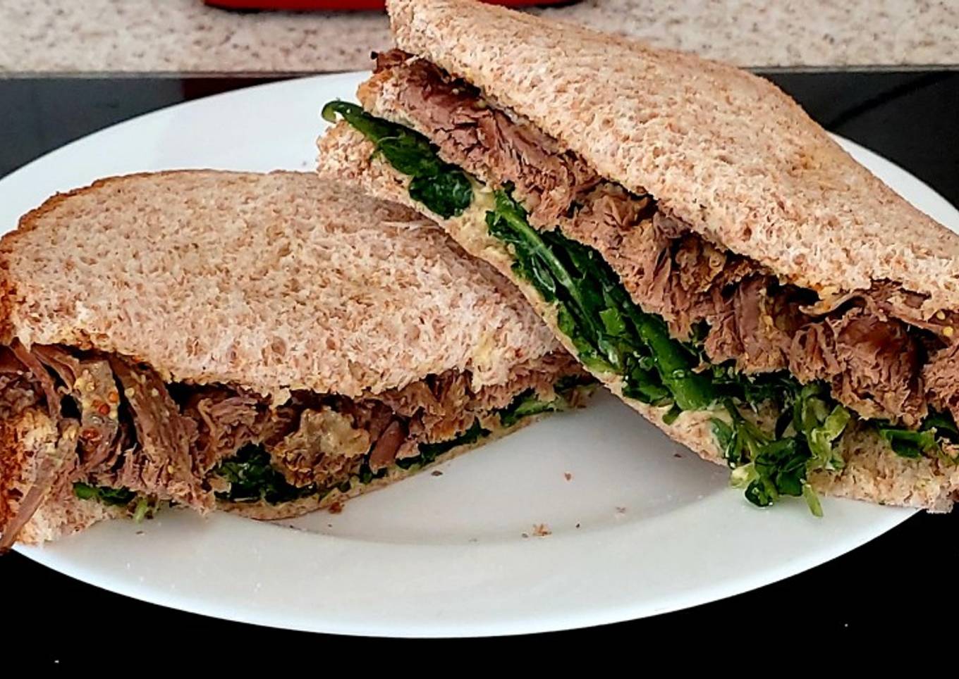 My leftover Triple Beef Sandwich with peppery Rocket and Mustard
