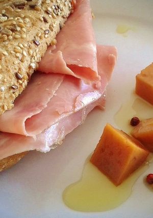 A picture of Ham and Aged Manchego Cheese Sandwich with Rosemary Olive Oil.