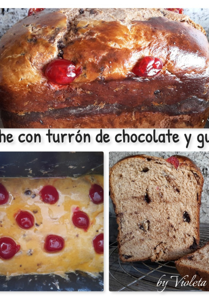 Una foto de Brioche de turrón de chocolate con guindas al ron (en panificadora)
