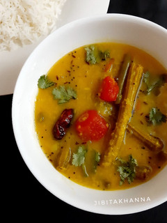 A picture of Moong Dal with Veggies- Bottle Gourd,Drumsticks,Carrot & Beans.