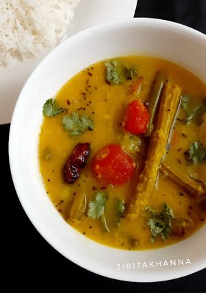 A picture of Moong Dal with Veggies- Bottle Gourd,Drumsticks,Carrot & Beans.
