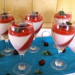 A picture of Vanilla Panacotta and Raspberry Jelly.
