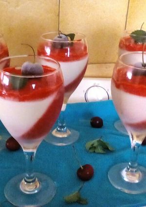 A picture of Vanilla Panacotta and Raspberry Jelly.