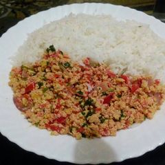 A picture of Rice with scrabbled eggs.