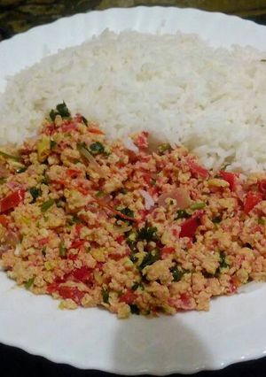 A picture of Rice with scrabbled eggs.