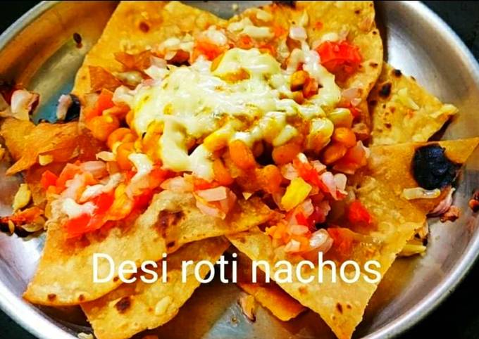 Desi roti nachos with spicy cheesy bean salsa