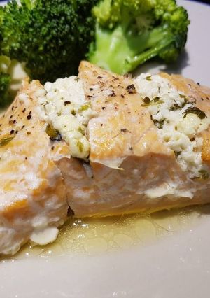 A picture of Summer citric salmon with herby feta cheese.