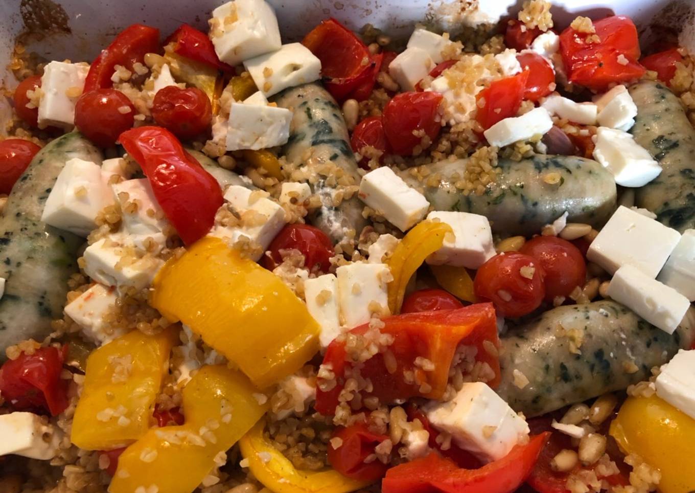 Feta, pine nut, roasted veg and bulgur wheat tray bake! (+ bonus sausages!)