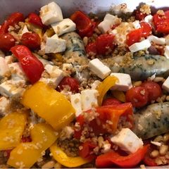 Feta, pine nut, roasted veg and bulgur wheat tray bake! (+ bonus sausages!) A picture of Feta, pine nut, roasted veg and bulgur wheat tray bake! (+ bonus sausages!).