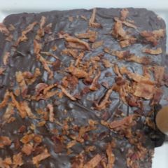 A picture of Chocolate bacon fudge with bacon crackling.