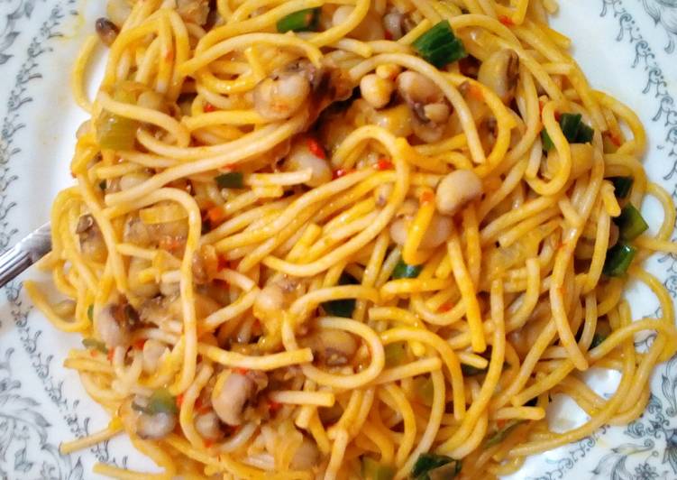 Jollof spaghetti and beans