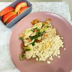 A picture of Chicken stir fry with tofu scramble.