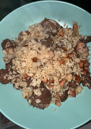 Una foto de Arroz con ternera y bacon