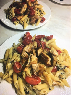 A picture of Penne with Chicken and Black Sesame.