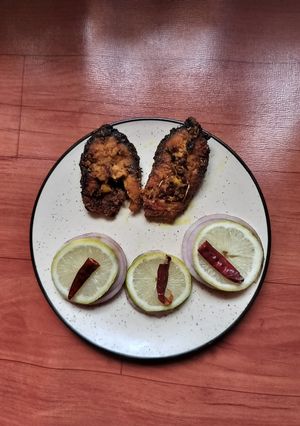 A picture of Odia style rohu fish fry (crispy, in 10 mins).