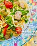 Spaghetti with tuna, green olives and cherry tomatoes