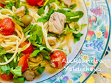 Spaghetti with tuna, green olives and cherry tomatoes