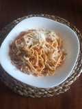 Spaghetti de calabacín berenjena y bacon ahumado