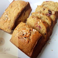 A picture of Butterscotch & strawberry nutty fruit cake loaf.
