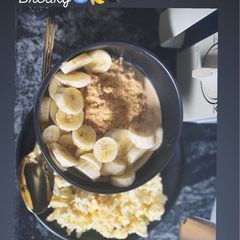 A picture of Oat meal with chia seeds and scrambled egg.