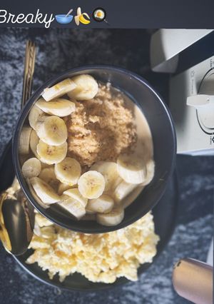 A picture of Oat meal with chia seeds and scrambled egg.