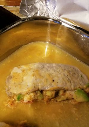 A picture of Avocado stuffed pork chops.