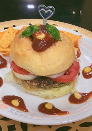 A picture of Low cal Veg burger with homemade bun.
