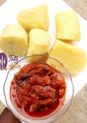 A picture of Sweet potatoes and dry fish stew.